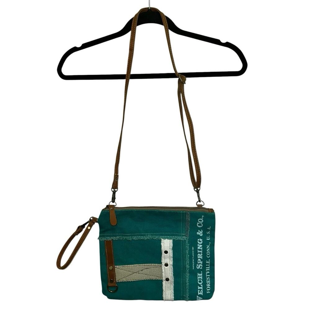 Myra Countryside Connections Teal Canvas Crossbody Bag Leather Trim Boho